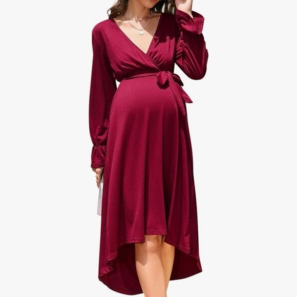 Kojooin Dresses & Skirts - NWT Kojooin Burgundy V-Neck Wrap Long Sleeve Maternity Dress Size Medium